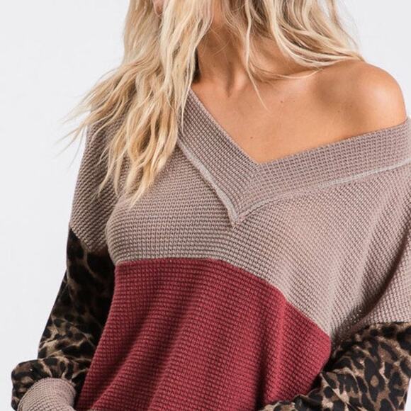 Leopard Animal Print Balloon Sleeve Waffle Knit Color Blocking Fall Blouse - Picture 10 of 10